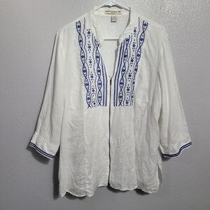 David Brooks 100% Linen White Blouse with Blue Embroidery